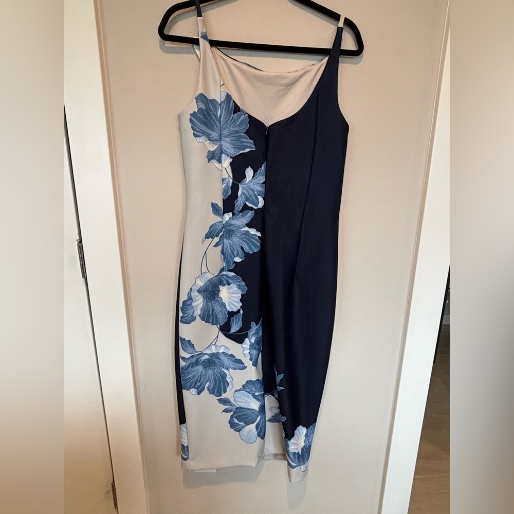 New Donna Karan Navy Dress with Blue Floral Panel - Picture 2 of 6